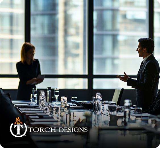 A man and a woman speaking in a conference room in a high-rise building.