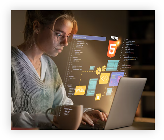 A woman working on a computer with digital holographic logos displayed in front of her face.